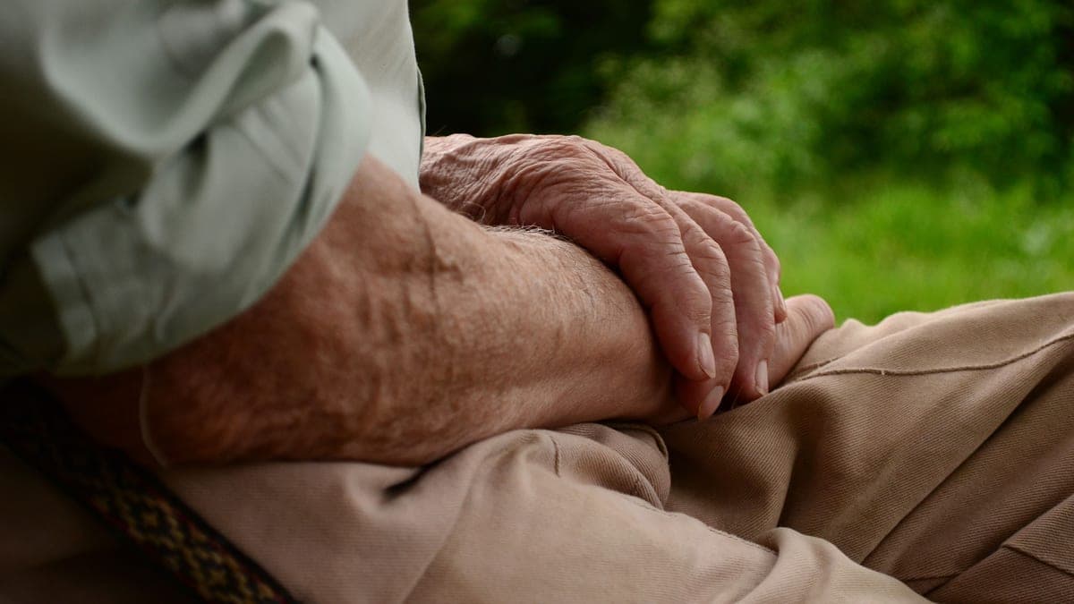 A pair of older hands resting, close up